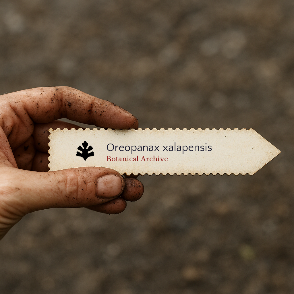 Printed plant label for Oreopanax xalapensis held by dirty hand outdoors