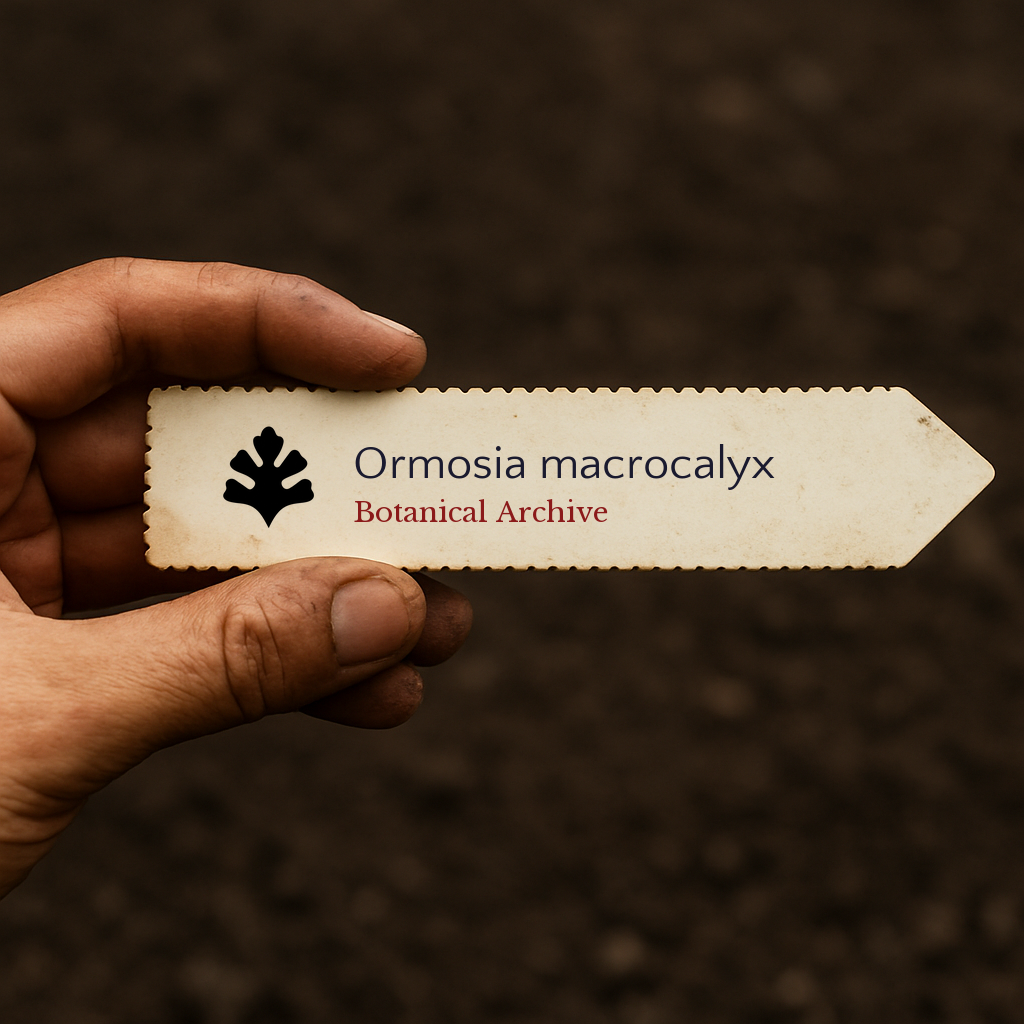 Printed plant label for Ormosia macrocalyx with botanical archive logo held over soil background