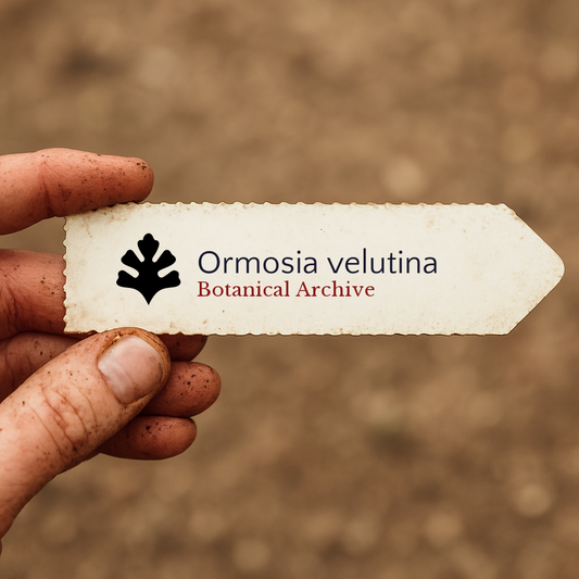 Printed botanical archive plant label for Ormosia velutina held by hand with soil background
