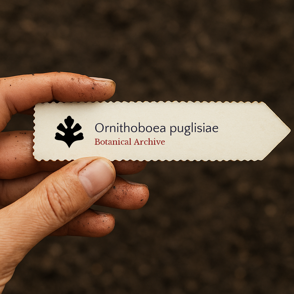 Printed plant label for Ornithoboea puglisiae held over soil background