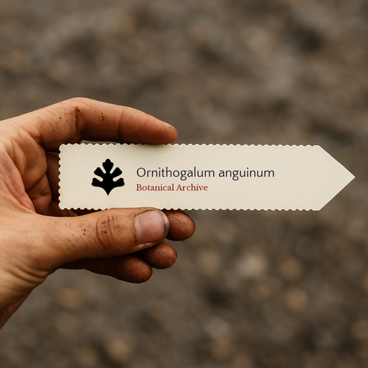 Printed plant label for Ornithogalum anguinum held by hand with soil background