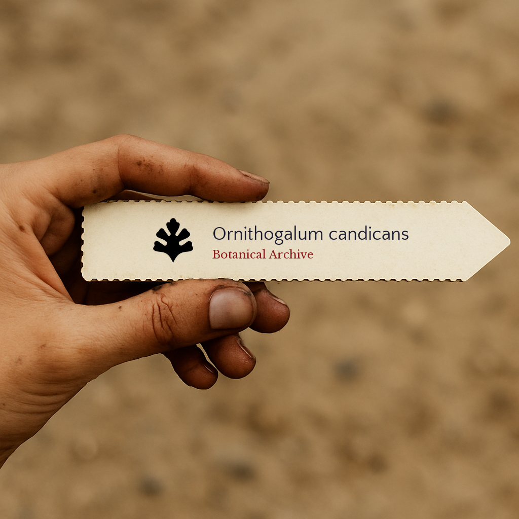 Printed plant label for Ornithogalum candicans held by hand with dirt background