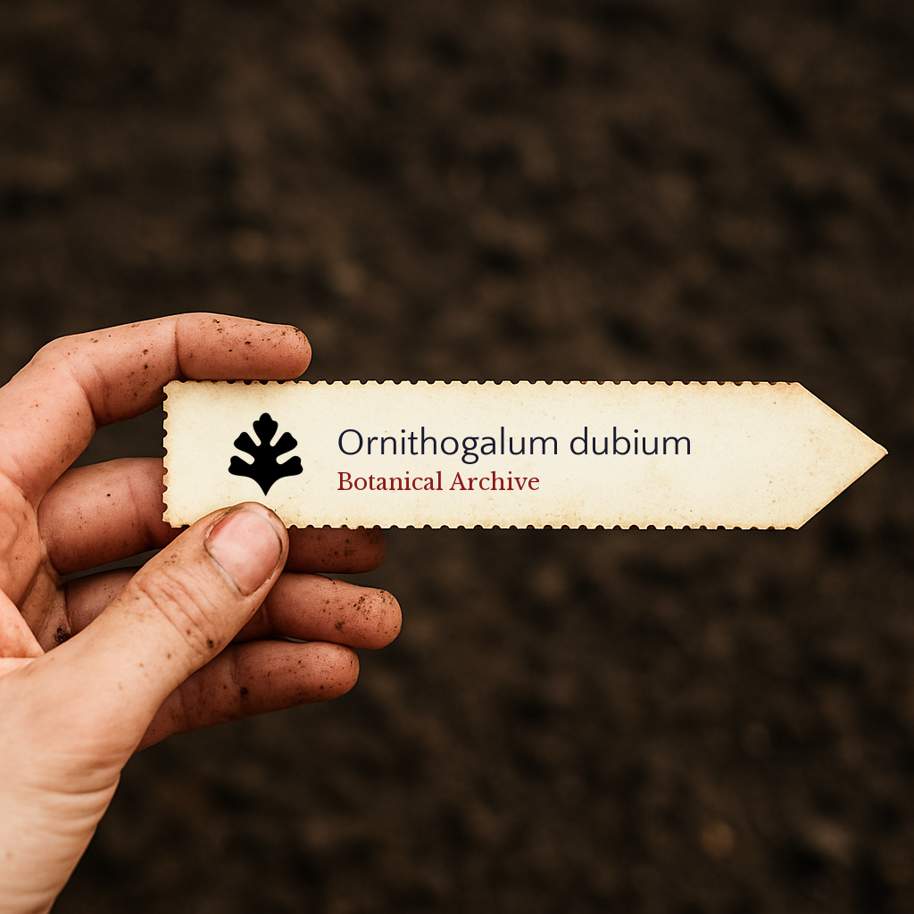 Printed plant label for Ornithogalum dubium held by hand with soil background