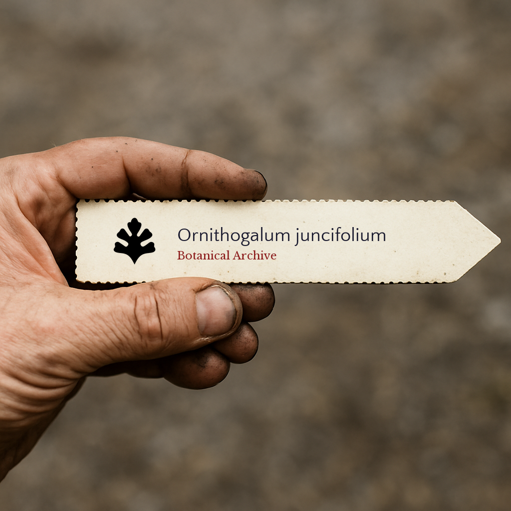Printed plant label for Ornithogalum juncifolium held in dirty hand outdoors