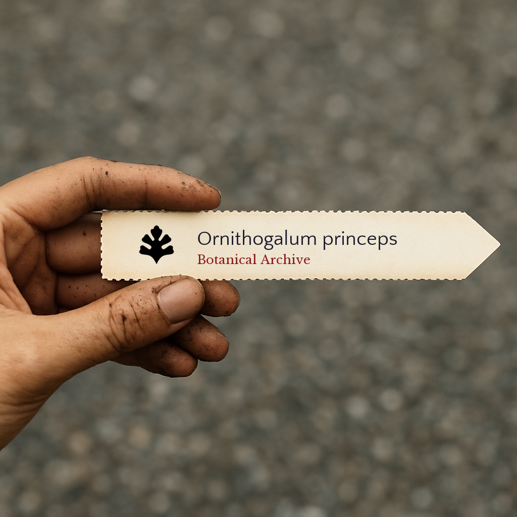Printed plant label for Ornithogalum princeps held by a dirt-covered hand