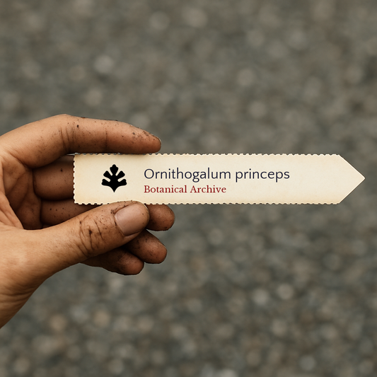 Printed plant label for Ornithogalum princeps held by a dirt-covered hand