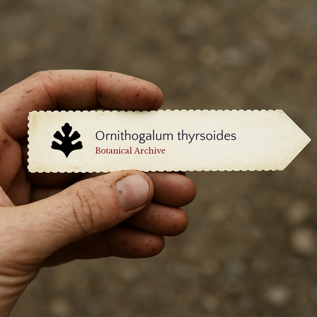 Printed plant label for Ornithogalum thyrsoides held by hand with dirt background