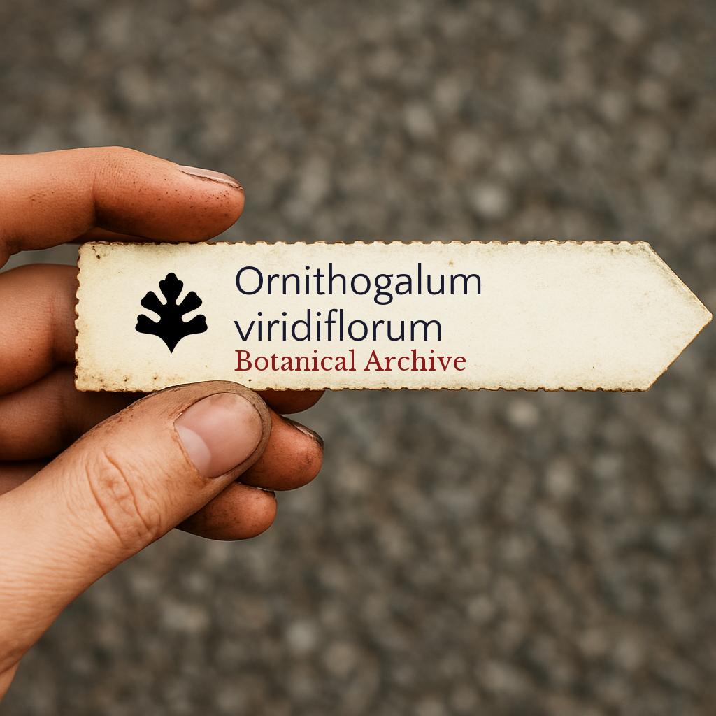 Printed plant label for Ornithogalum viridiflorum held by hand with dirt background