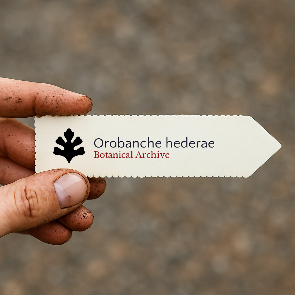 Printed plant label for Orobanche hederae with botanical archive logo held by hand