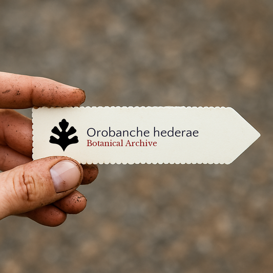 Printed plant label for Orobanche hederae with botanical archive logo held by hand
