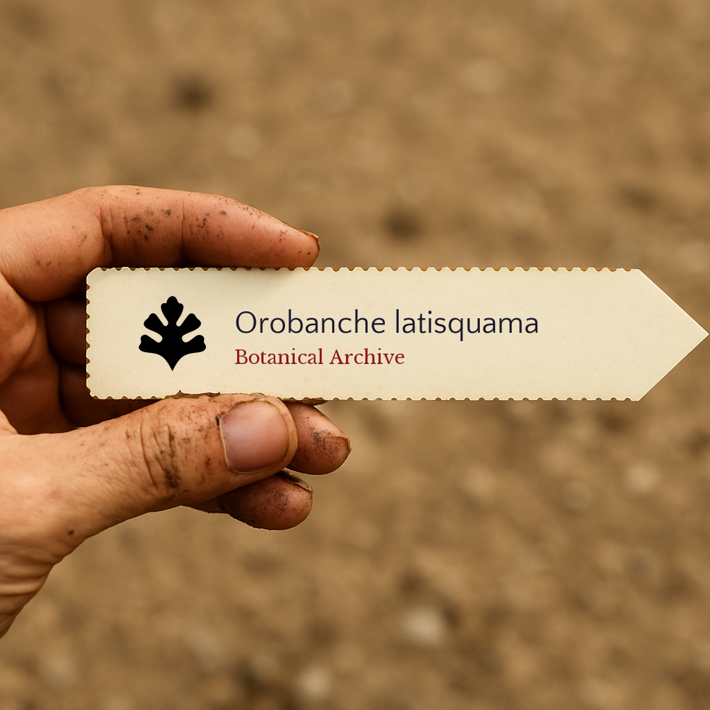 Printed plant label for Orobanche latisquama held by dirty hand with soil background