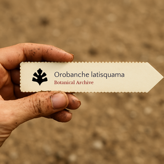Printed plant label for Orobanche latisquama held by dirty hand with soil background