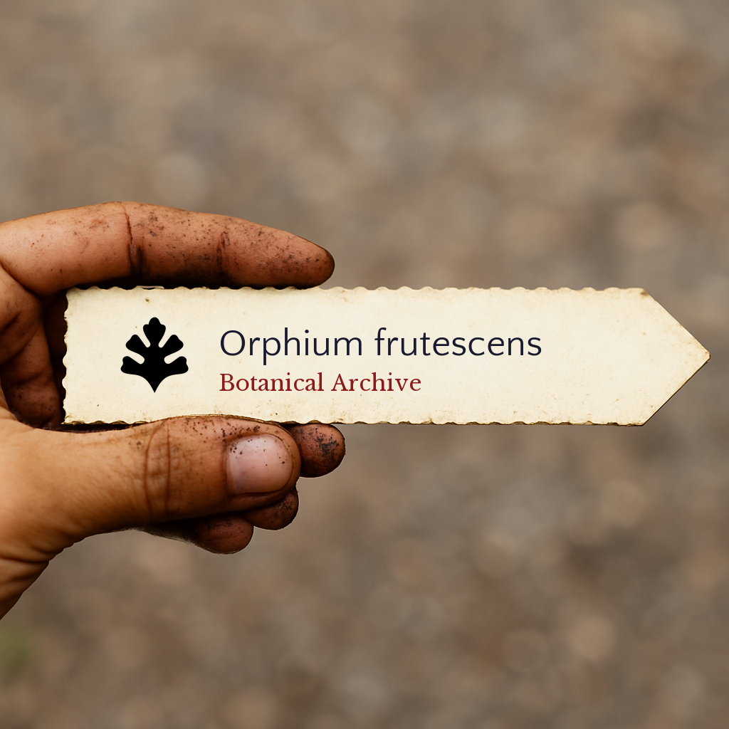 Printed plant label for Orphium frutescens held by hand with dirt background