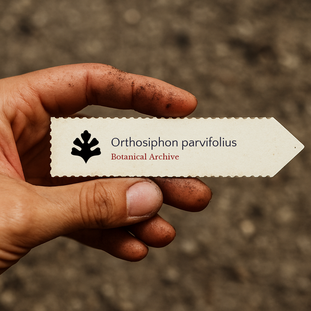 Printed plant label for Orthosiphon parvifolius held by dirty hand outdoors