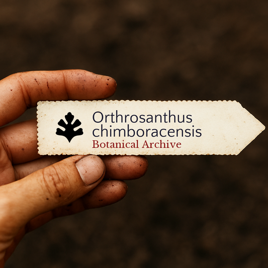 Printed plant label for Orthrosanthus chimboracensis held by dirty hand outdoors