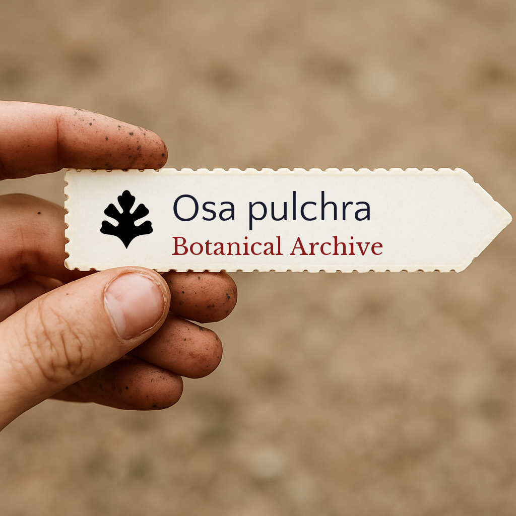 Printed plant label for Osa pulchra held by hand with soil background
