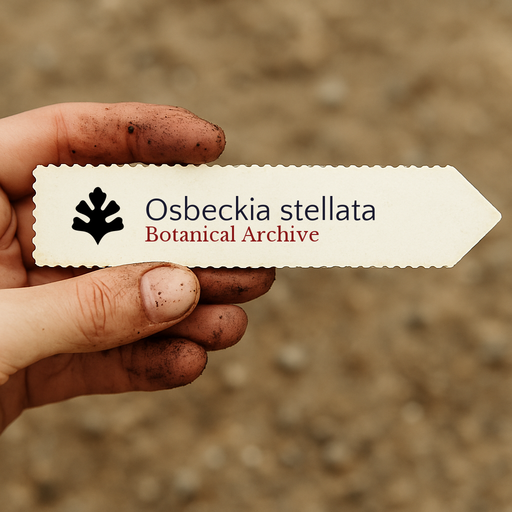 Printed plant label for Osbeckia stellata held by hand with soil background