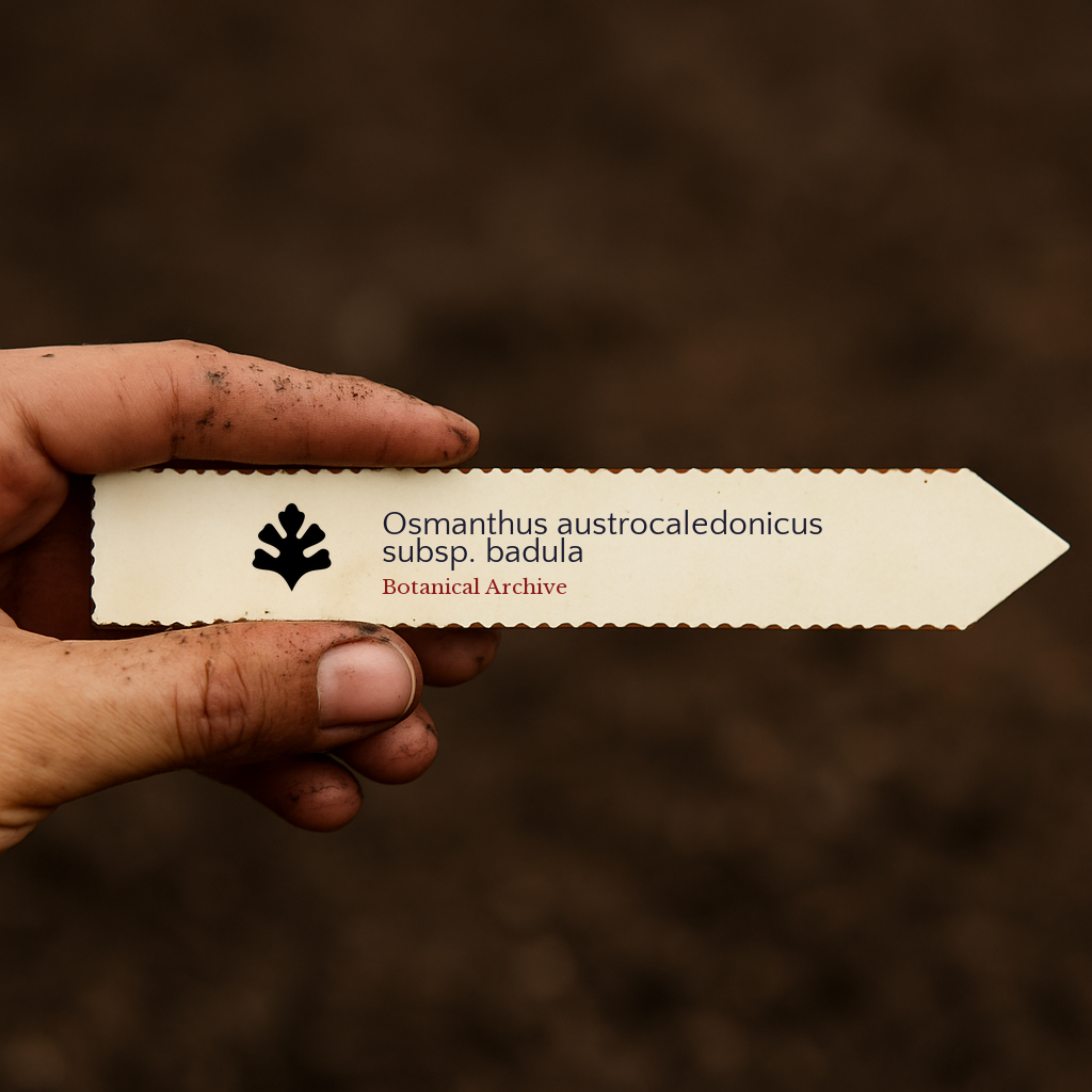 Printed plant label for Osmanthus austrocaledonicus subsp. badula held over soil background