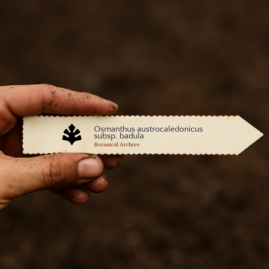 Printed plant label for Osmanthus austrocaledonicus subsp. badula held over soil background