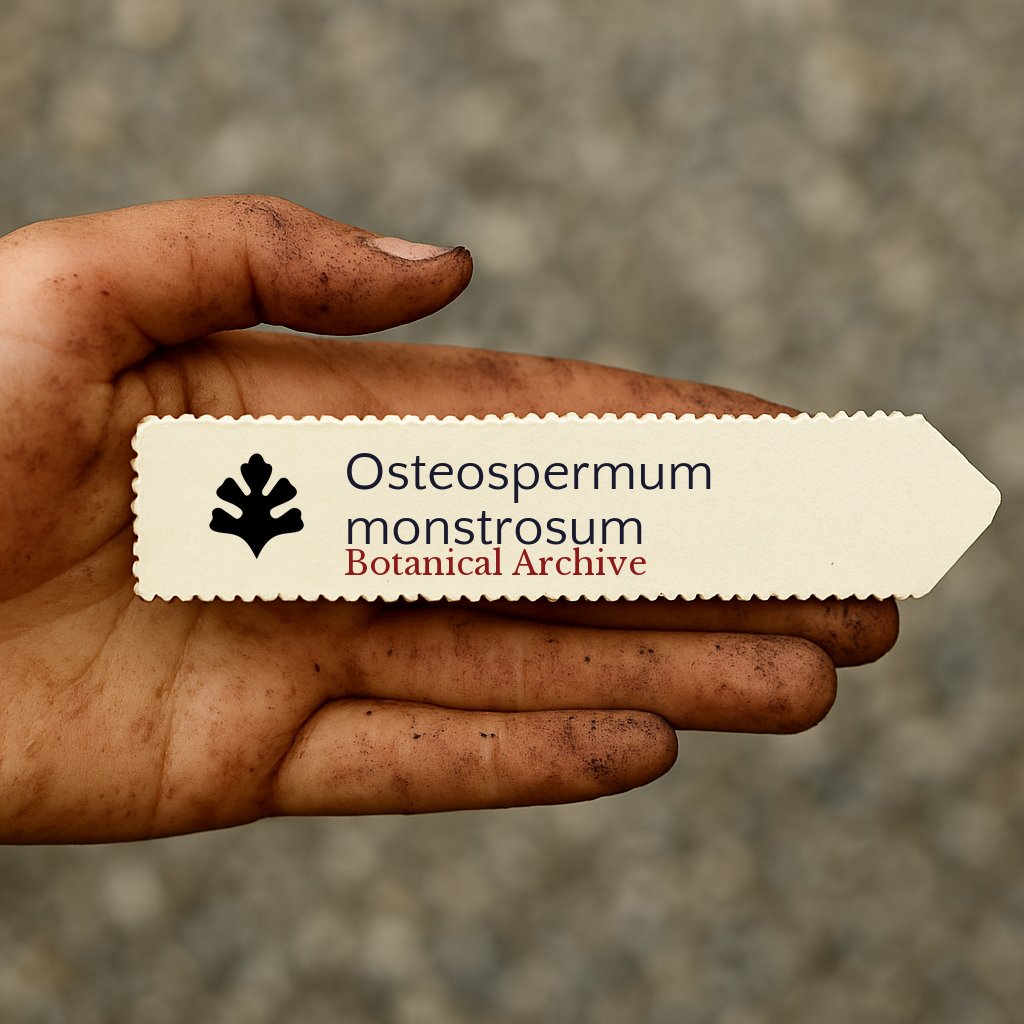 Printed plant label for Osteospermum monstrosum held in dirty hand with textured background