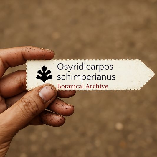 Printed plant label for Osyridicarpos schimperianus held by dirty hand outdoors