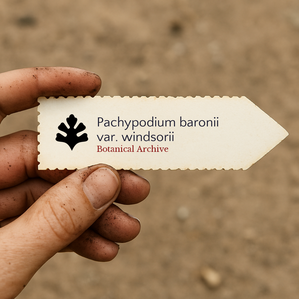 Bedrucktes Pflanzenetikett für Pachypodium baronii var. windsorii, gehalten von schmutziger Hand im Freien