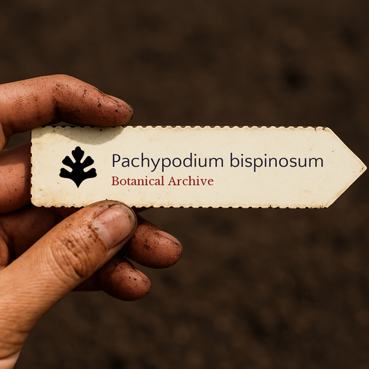 Printed plant label for Pachypodium bispinosum held by dirty hand over soil background