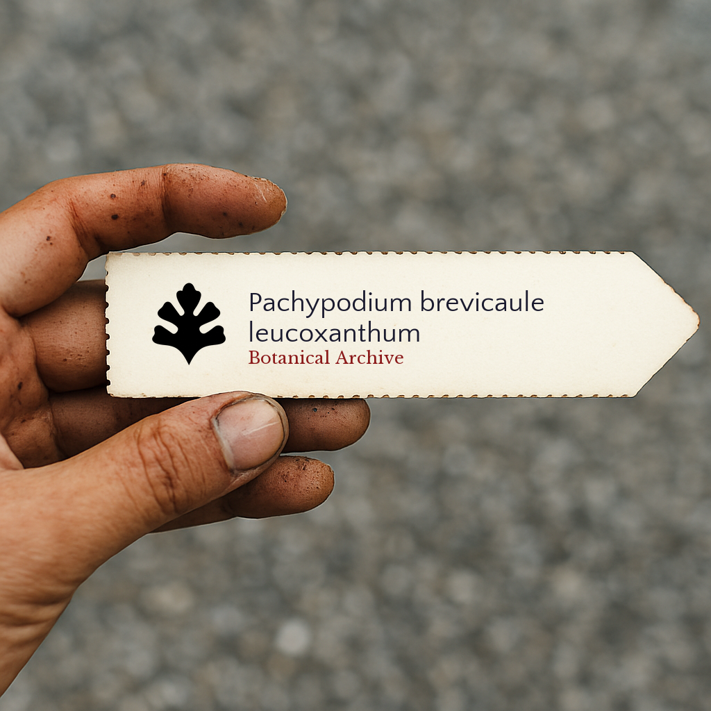 Bedrucktes Pflanzenetikett für Pachypodium brevicaule leucoxanthum, von Hand gehalten vor schmutzigem Hintergrund