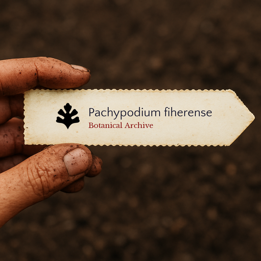 Printed plant label for Pachypodium fiherense held by dirty hand over soil background