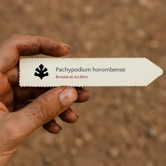 Printed plant label for Pachypodium horombense held by dirty hand outdoors