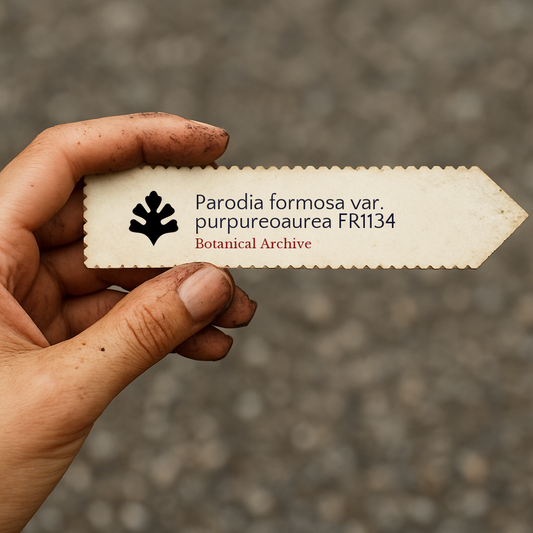 Printed plant label for Parodia formosa var. purpureoaurea held by dirty hand outdoors