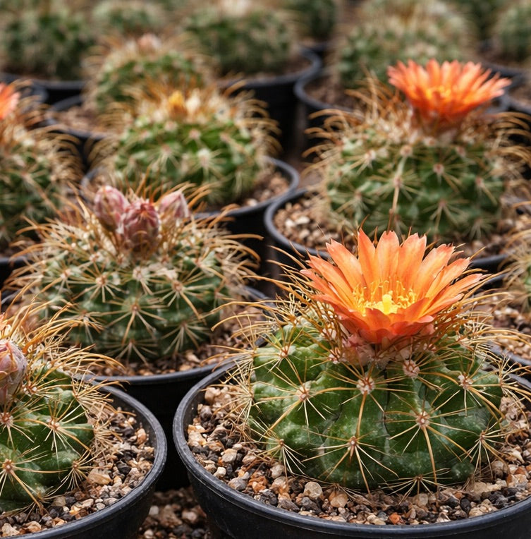 صبار باروديا لكوريينسيس مع زهرة برتقالية وأشواك طويلة في أواني صغيرة