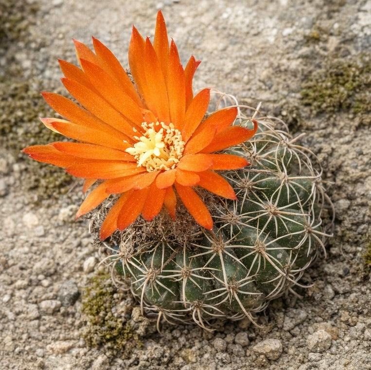 صبار باروديا مايرانانا مع زهرة برتقالية زاهية وجسم أخضر شائك على التربة