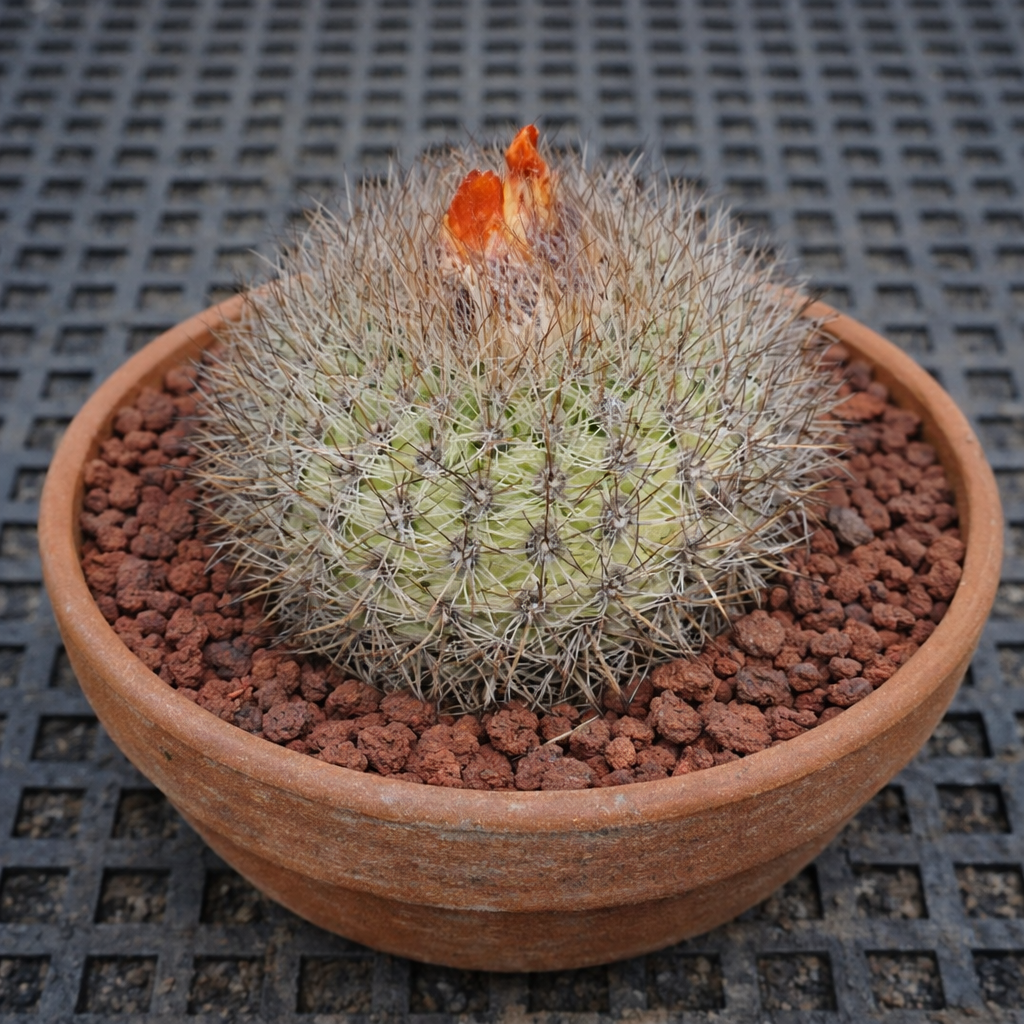 باروديا سودوستويرميري صبار صغير مستدير ذو أشواك كثيفة وبراعم أزهار برتقالية في وعاء من الفخار