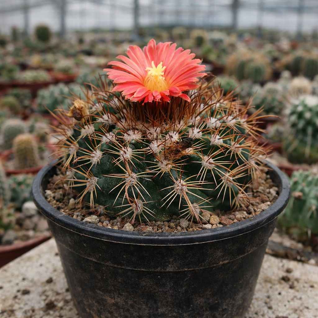 صبار باروديا شويبسيانا مع زهرة وردية زاهية وأشواك طويلة في وعاء أسود