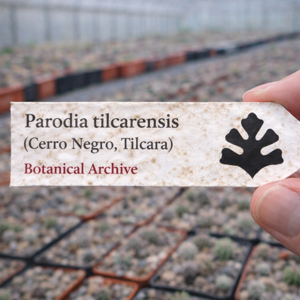 Etichetta per piante stampata per Parodia tilcarensis tenuta sopra vassoi di vivaio con semenzali