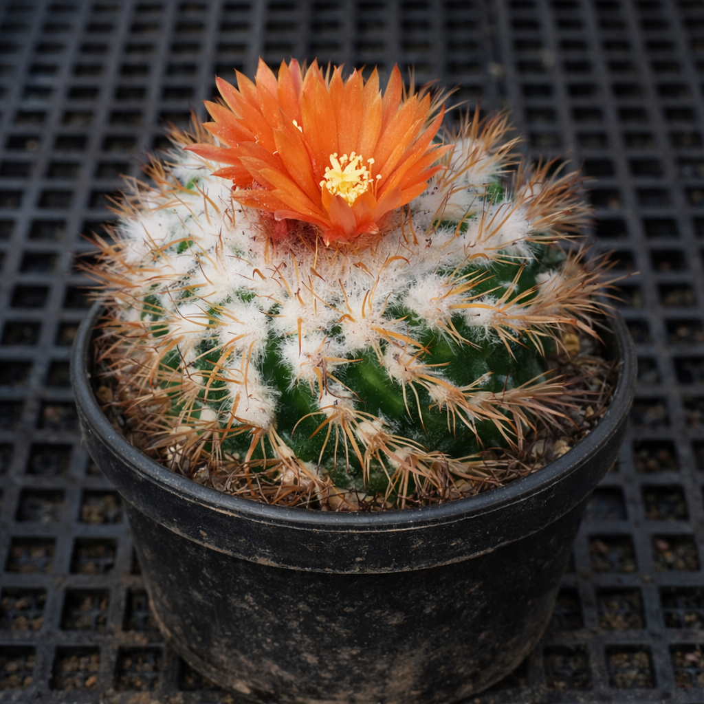 صبار باروديا زيشيري مع زهرة برتقالية وحلقات صوفية بيضاء في وعاء أسود