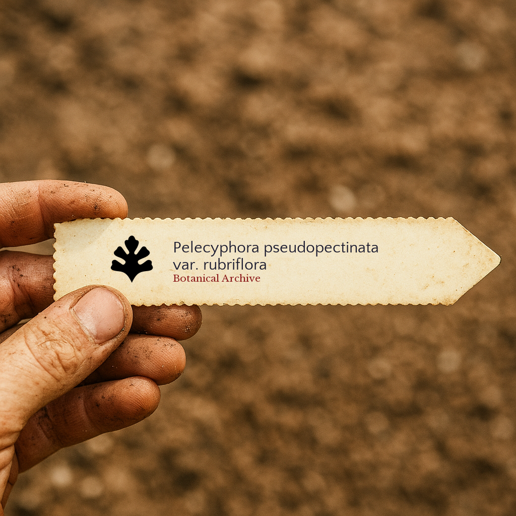 Printed plant label for Pelecyphora pseudopectinata var. rubriflora held by hand over soil background