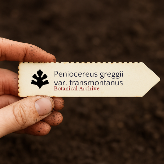 Printed plant label for Peniocereus greggii var. transmontanus held over soil background