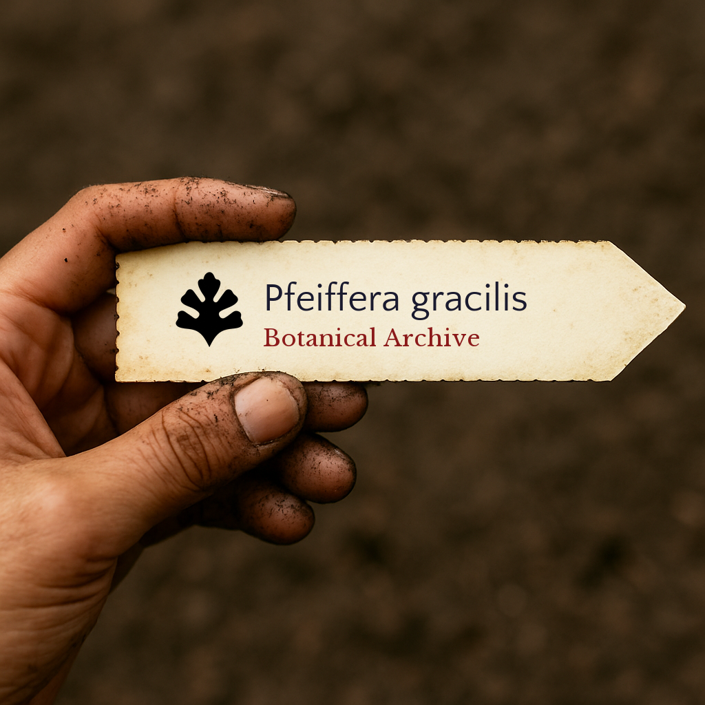 Printed plant label for Pfeiffera gracilis held by dirty hand over soil background