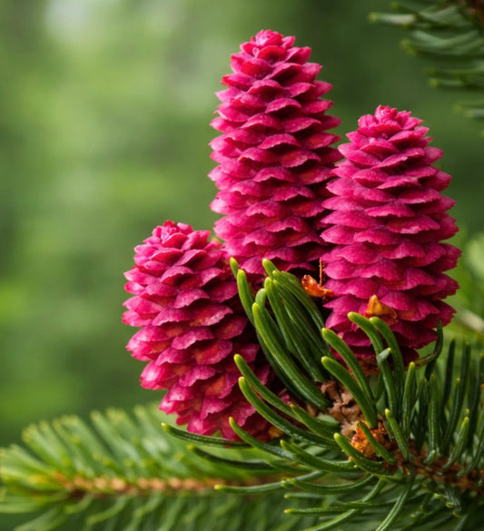 Picea alcoquiana bright pink female cones on evergreen conifer branch close-up
