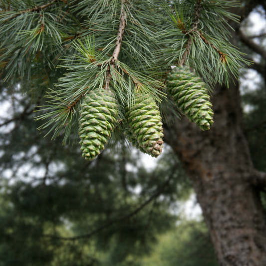 Cônes de pin verts Pinus gerardiana 'Waziristan' sur des branches couvertes d'aiguilles
