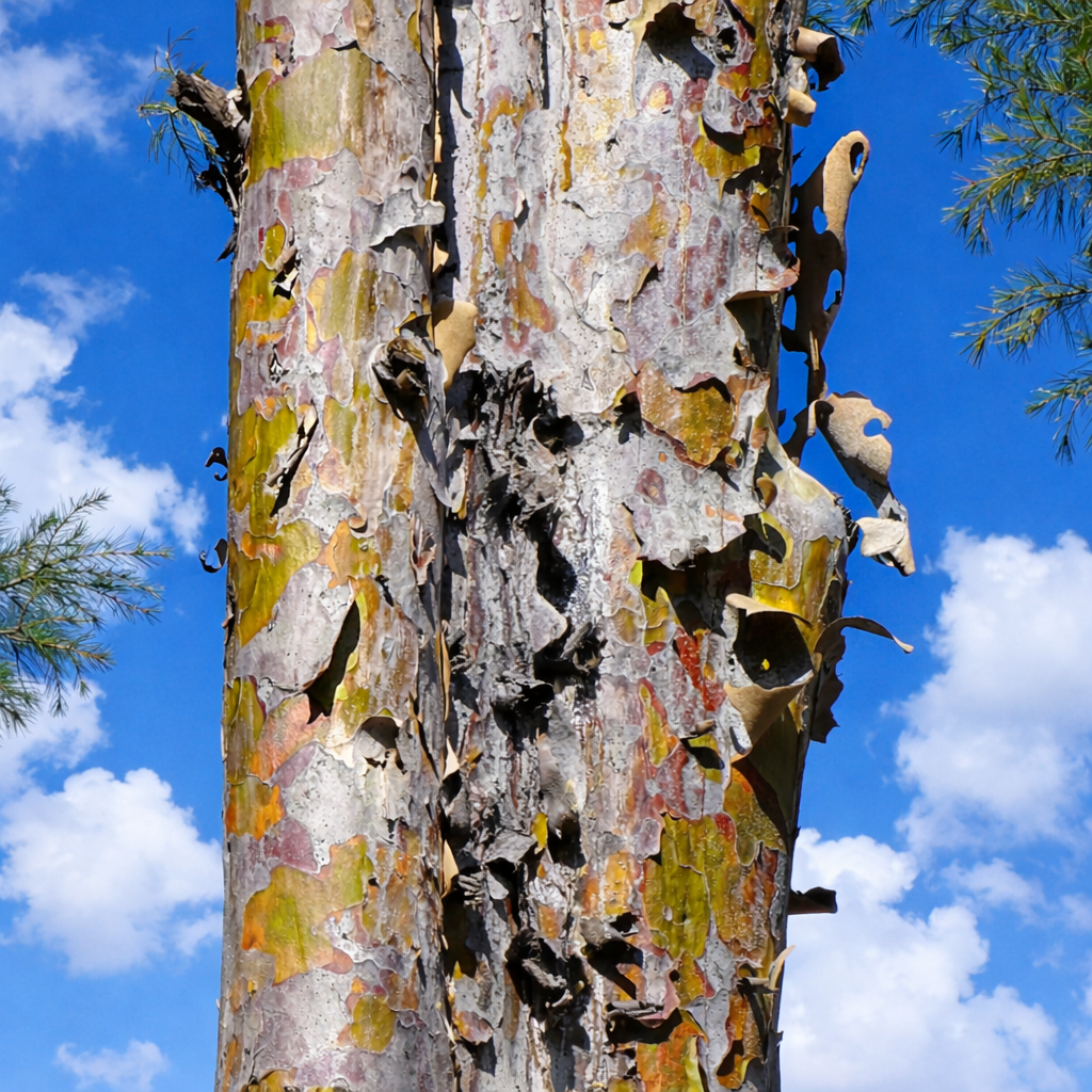 파이누스 제라르디아나 '와지리스탄' 푸른 하늘 아래 벗겨지는 다색 껍질의 희귀 소나무