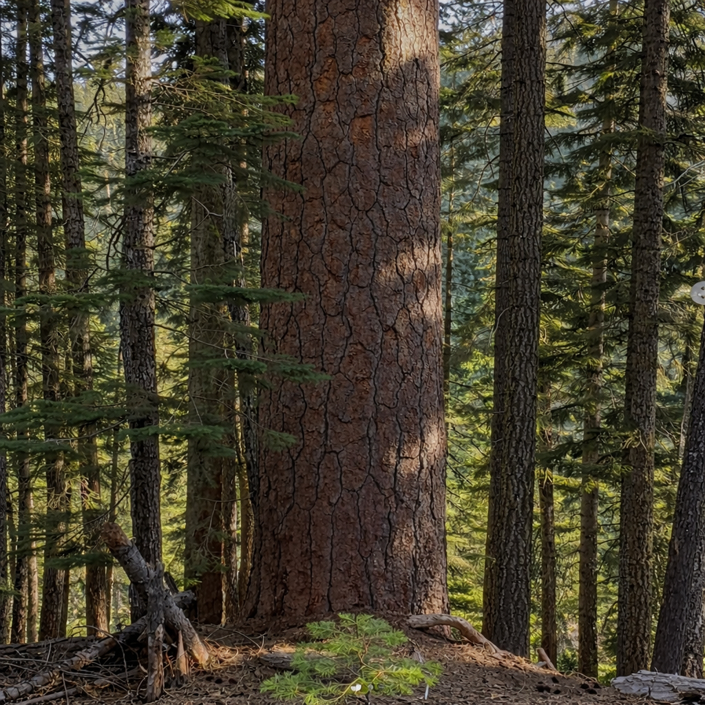 Modent Pinus ponderosa-tre med tykk, strukturert bark i tett skogmiljø