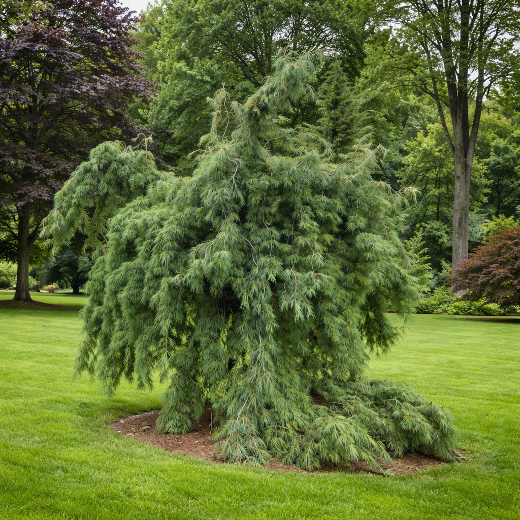 Pinus strobus forme PENDULA conifère persistant pleureur avec des touffes d'aiguilles douces dans un cadre de jardin