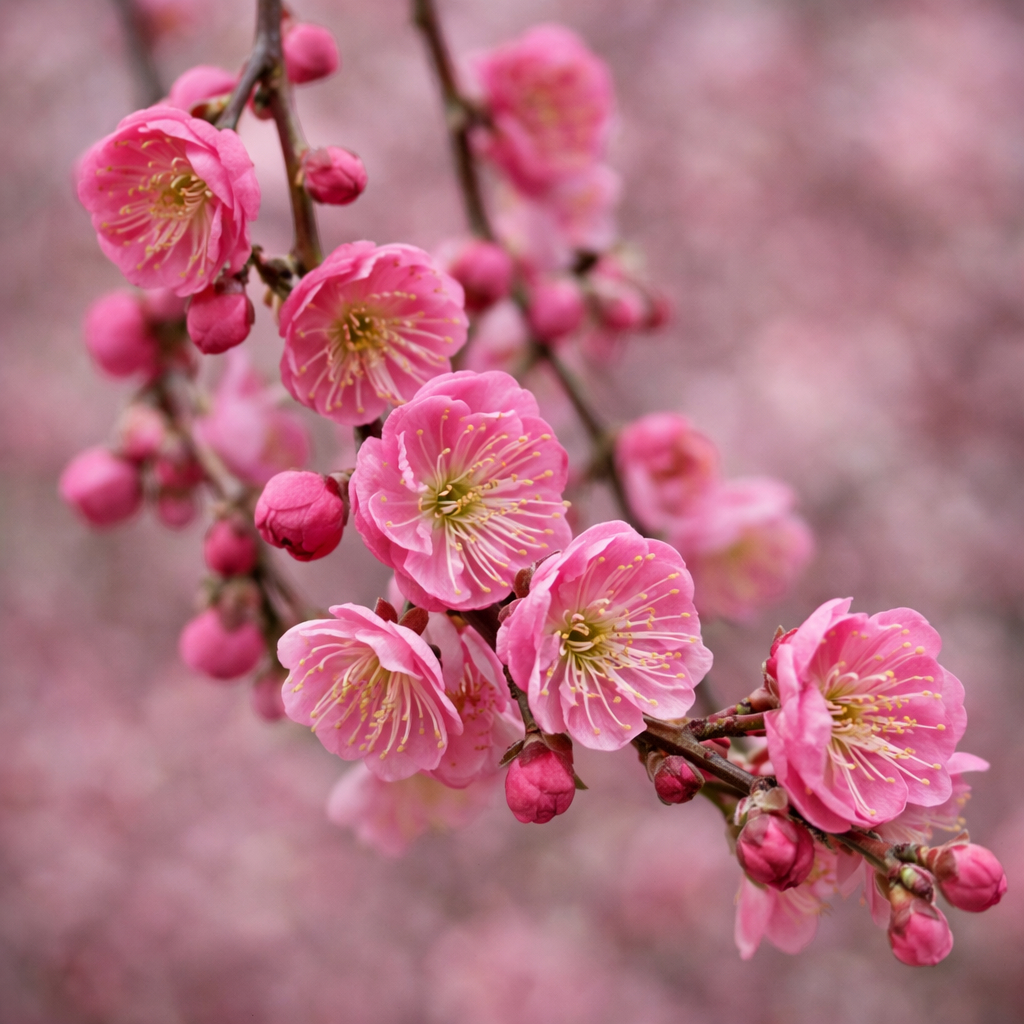 Prunus mume cv PEGGY CLARKE vibrant pink blossoms with delicate stamens on flowering branch