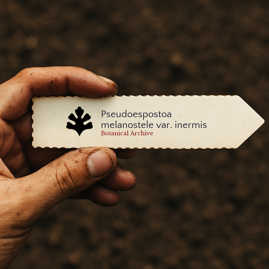 Printed plant label for Pseudoespostoa melanostele var. inermis held by dirty hand against soil background
