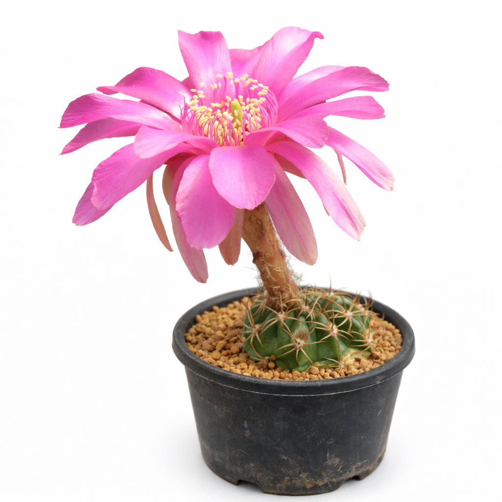 Cactus Pseudolobivia carmineiflora avec une fleur rose vif et une tige verte épineuse en pot