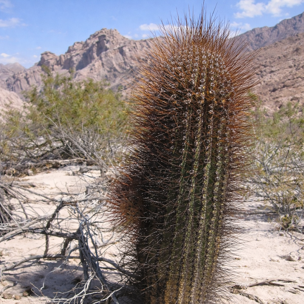 거친 갈색 가시가 빽빽한 긴 선인장, 사막 풍경 속의 슈도로비비아 루에칸타