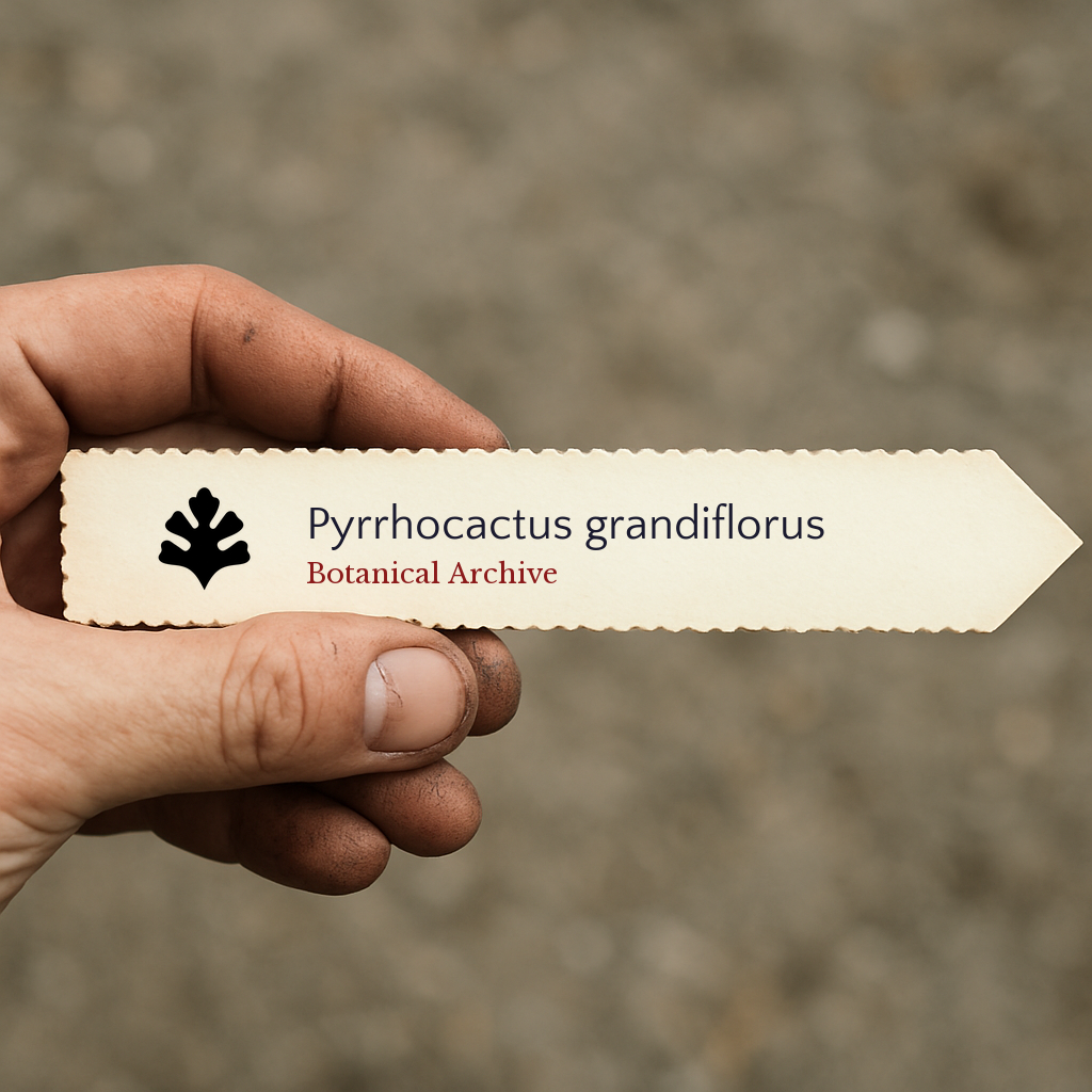 Etiqueta de planta impresa para Pyrrhocactus grandiflorus sostenida a mano con tierra en los dedos